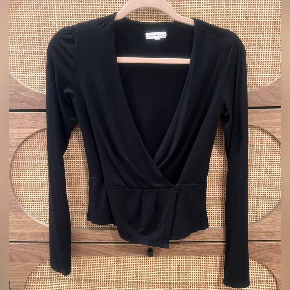 Good American Black V-Neck Wrap Blouse